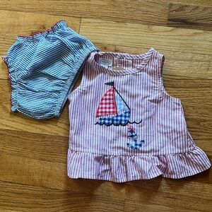 NWT Mud 4th of July Patriotic Pie 9-12 Month Sailboat Pinafore Seersucker Outfit